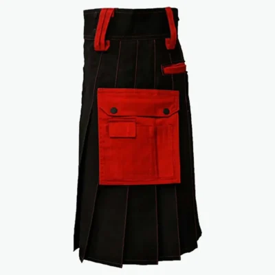 Black Deluxe Modern Kilt & Red Straps Style With Red Cargo Pockets