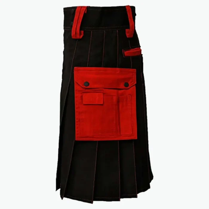 Black Deluxe Modern Kilt & Red Straps Style With Red Cargo Pockets Black Deluxe Modern Kilt & Red Straps Style With Red Cargo Pockets