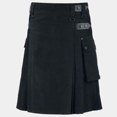 Two Side Pockets Black Utility Kilt With Leather Straps