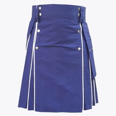 Two Side Pockets Blue Utility Kilt For Men With White line