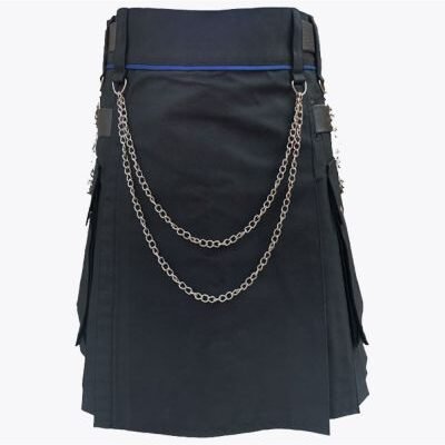 Two Side Pockets Black Modern Utility Kilt With Silver Chain
