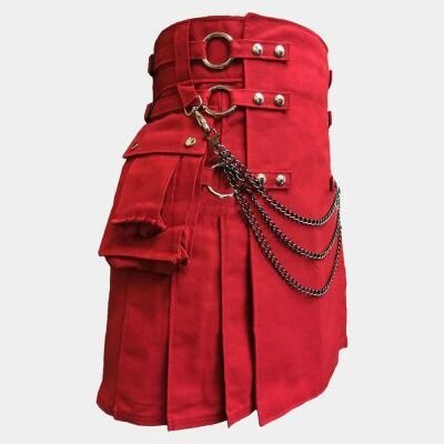 Red Canvas Cloth Straps Utility Kilt For Men