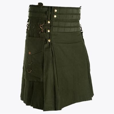 Deluxe Olive Green Modern Utility Kilt For Men