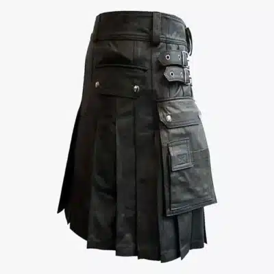 Functional Black Leather Kilt With Cargo Pockets