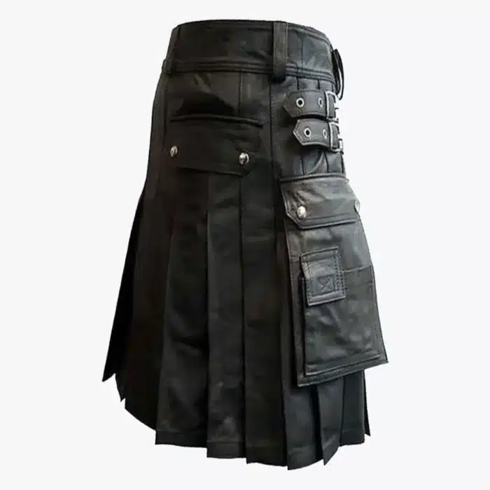 Functional Black Leather Kilt With Cargo Pockets Functional Black Leather Kilt With Cargo Pockets