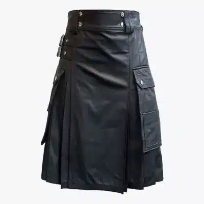 Functional Black Leather Kilt With Cargo Pockets