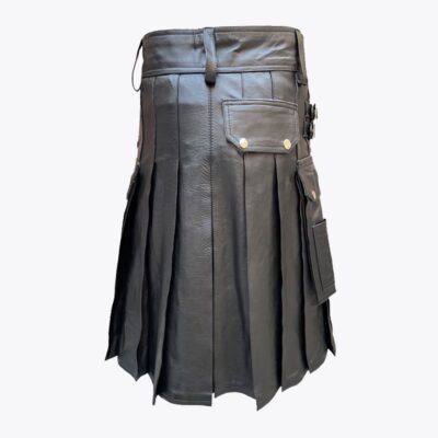 Dual-Pocket Black Leather Kilt