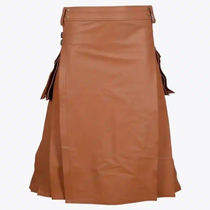 Classic Brown Leather Utility Kilt With Pockets