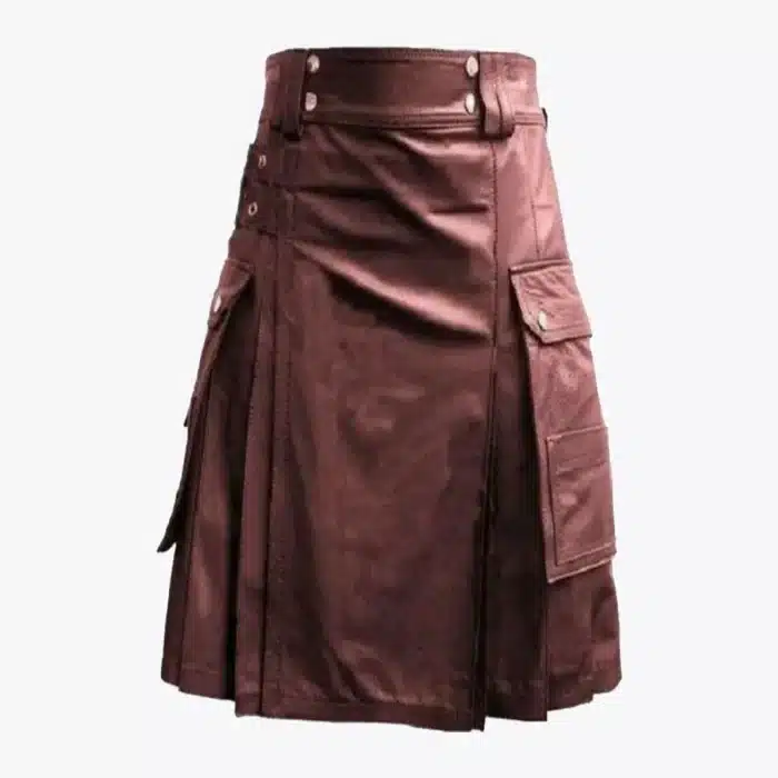 Chocolate Brown Leather Kilt With Cargo Pockets