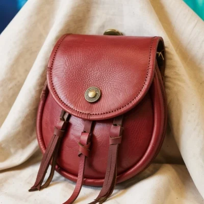 Crimson Leather Sporran with Long Tassels and Brass Clasp
