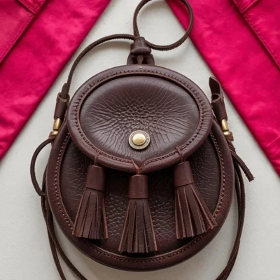 Dark Brown Leather Sporran with Gold Button and Tassels