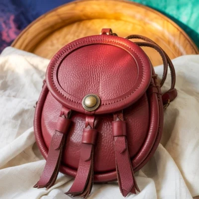 Deep Rose Leather Sporran with Bold Tassels and Clasp