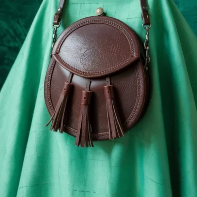 Embossed Clan Crest Brown Leather Sporran with Tassels