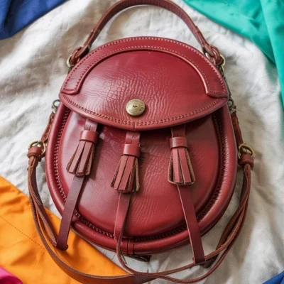 Oxblood Leather Sporran with Triple Tassels and Brass Hardware