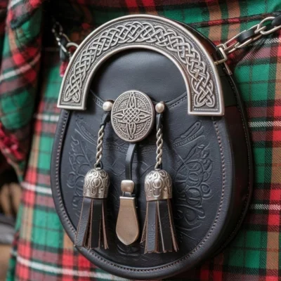 Premium Black Leather Sporran With Celtic Knot Cantle