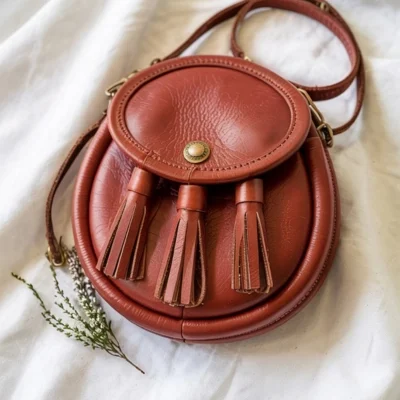 Rustic Clay Leather Sporran with Triple Fringe Tassels