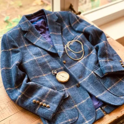 Blue Windowpane Check Tweed Kilt Jacket Pocketwatch Style