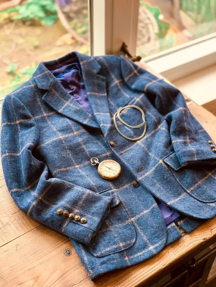 Blue Windowpane Check Tweed Kilt Jacket Pocketwatch Style