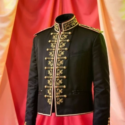 Imperial Black Highland Officer Jacket – Gold Braid & Regal Crest Embroidery