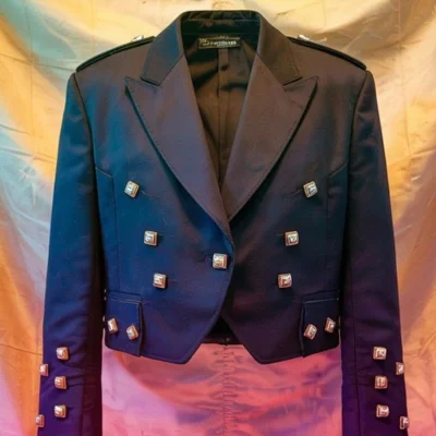 Obsidian Prince Charlie Jacket – 4x3 Regal Crest Buttons Tailored for Ceremony