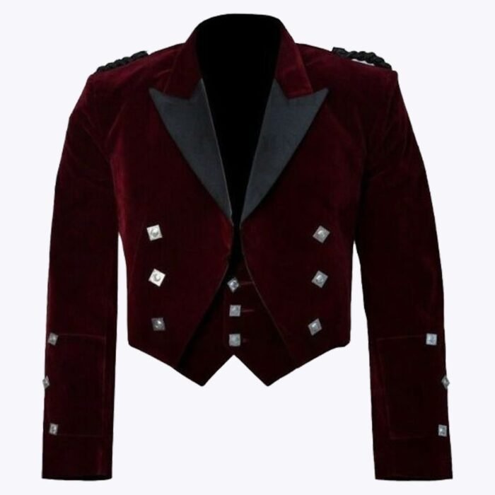 Red Velvet Prince Charlie Jacket With 3 Button Vest