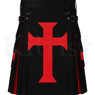 Red Crucifix Utility Kilt – Faith-Inspired Modern Design