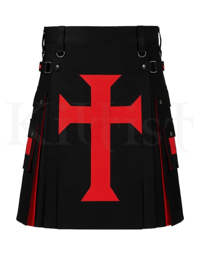 Red Crucifix Utility Kilt – Faith-Inspired Modern Design