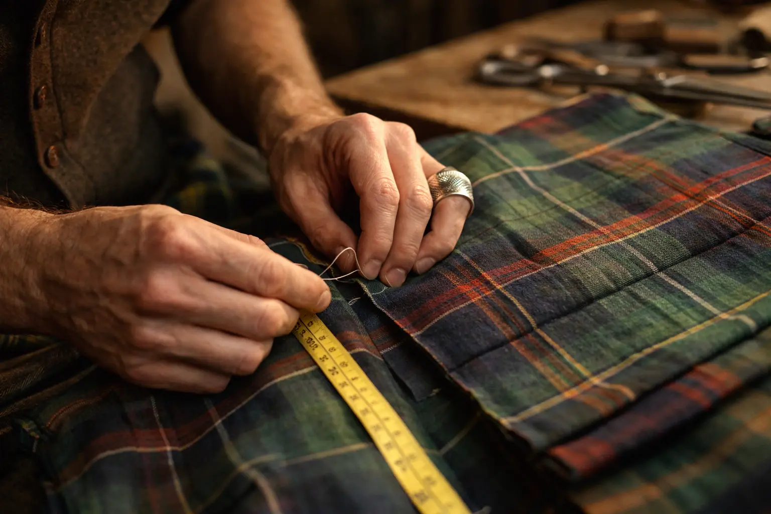 Close-up workshop scene showing hands working on tartan fabric, measuring and stitching a kilt, warm lighting, craftsmanship focused, authentic atmosphere