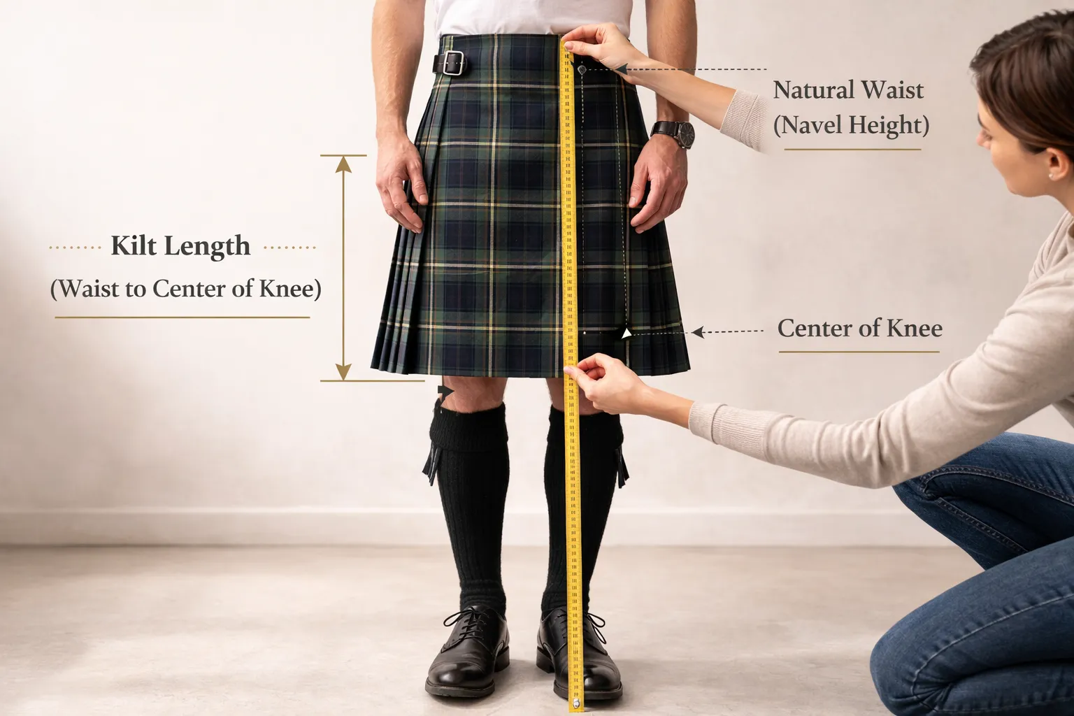 Kilt Length Measure from the natural waist (navel height) straight down to the center of the knee.