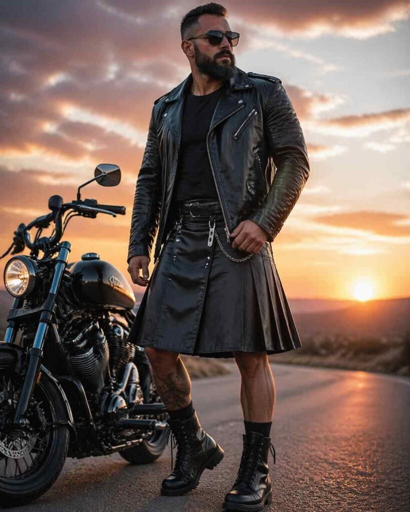 Leather Kilt with Biker Jacket & Boots (American Biker Style)