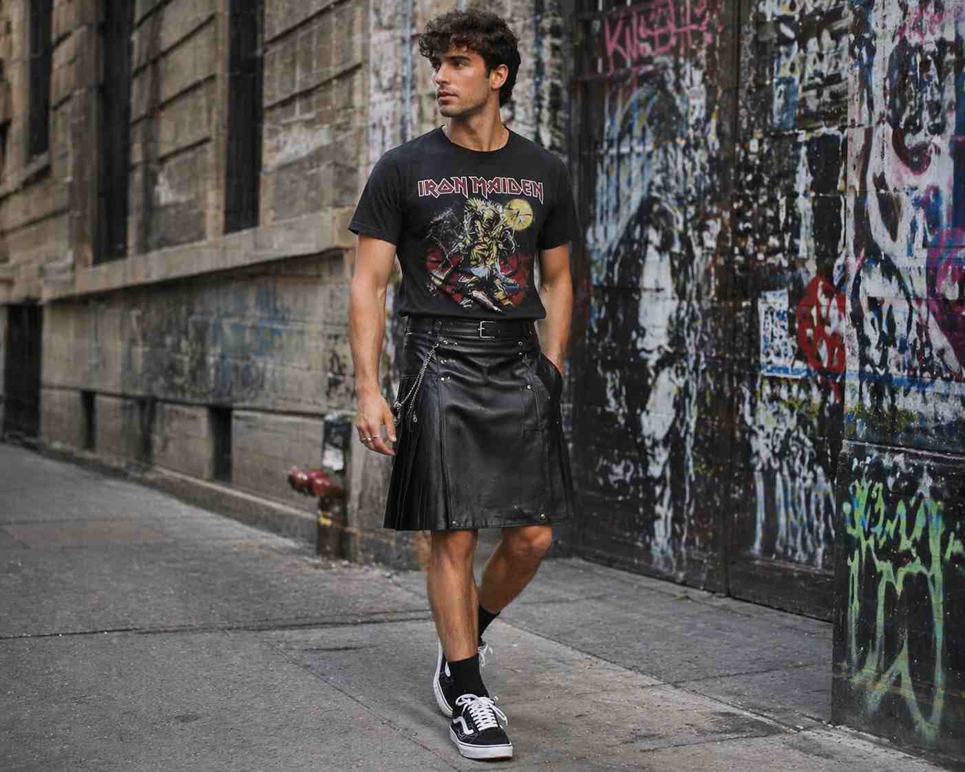 Leather Kilt with Graphic T-Shirt (Street Casual Look)