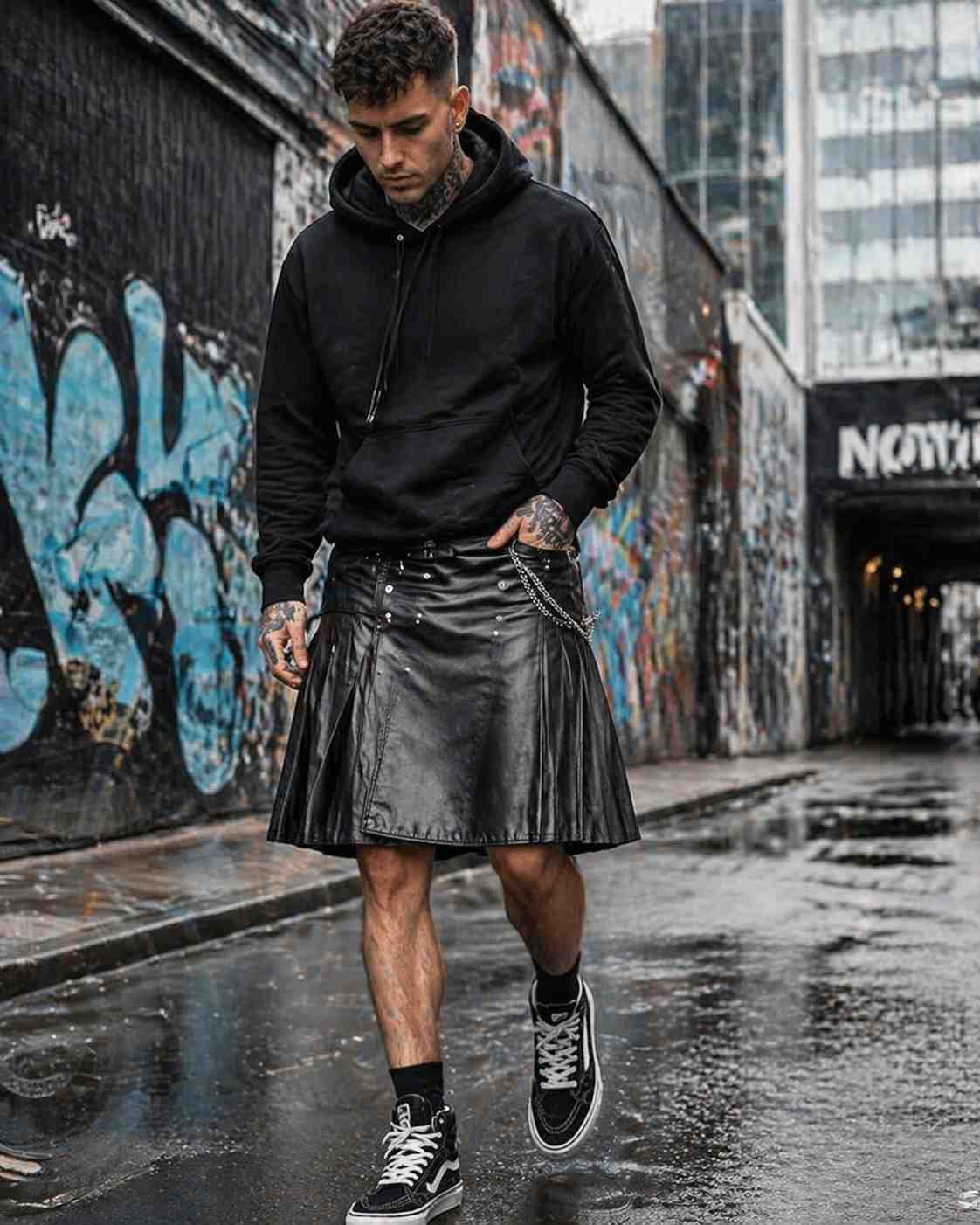 Leather Kilt with Streetwear Hoodie & High-Tops (Urban USA Look)