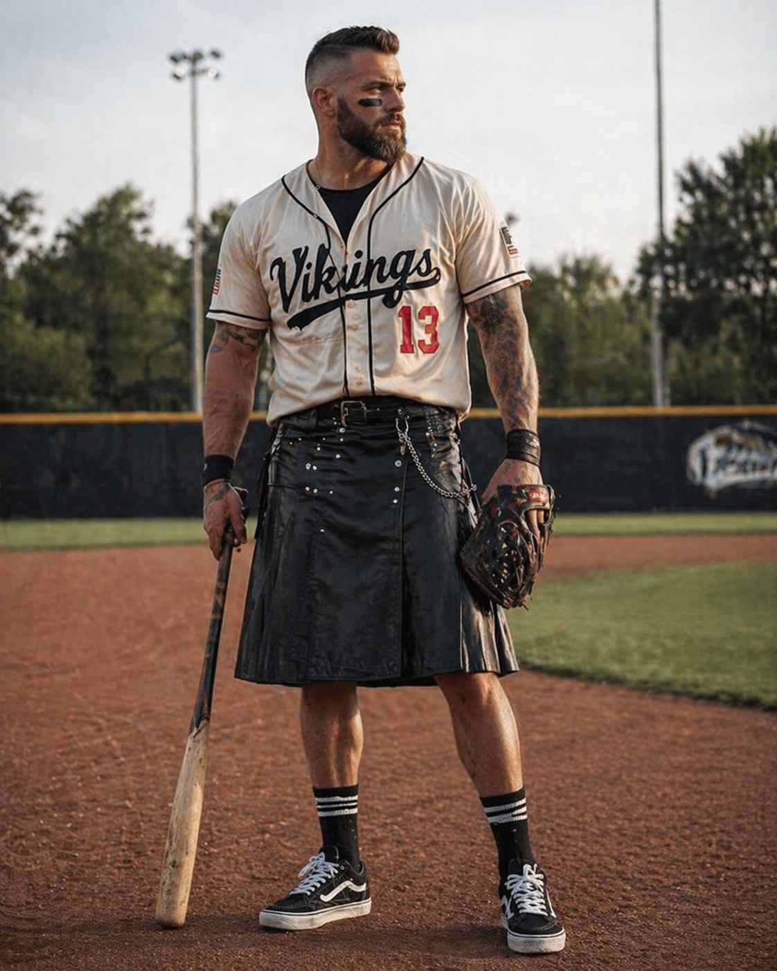 Leather Kilt with Baseball Jersey (Sport Casual Style)