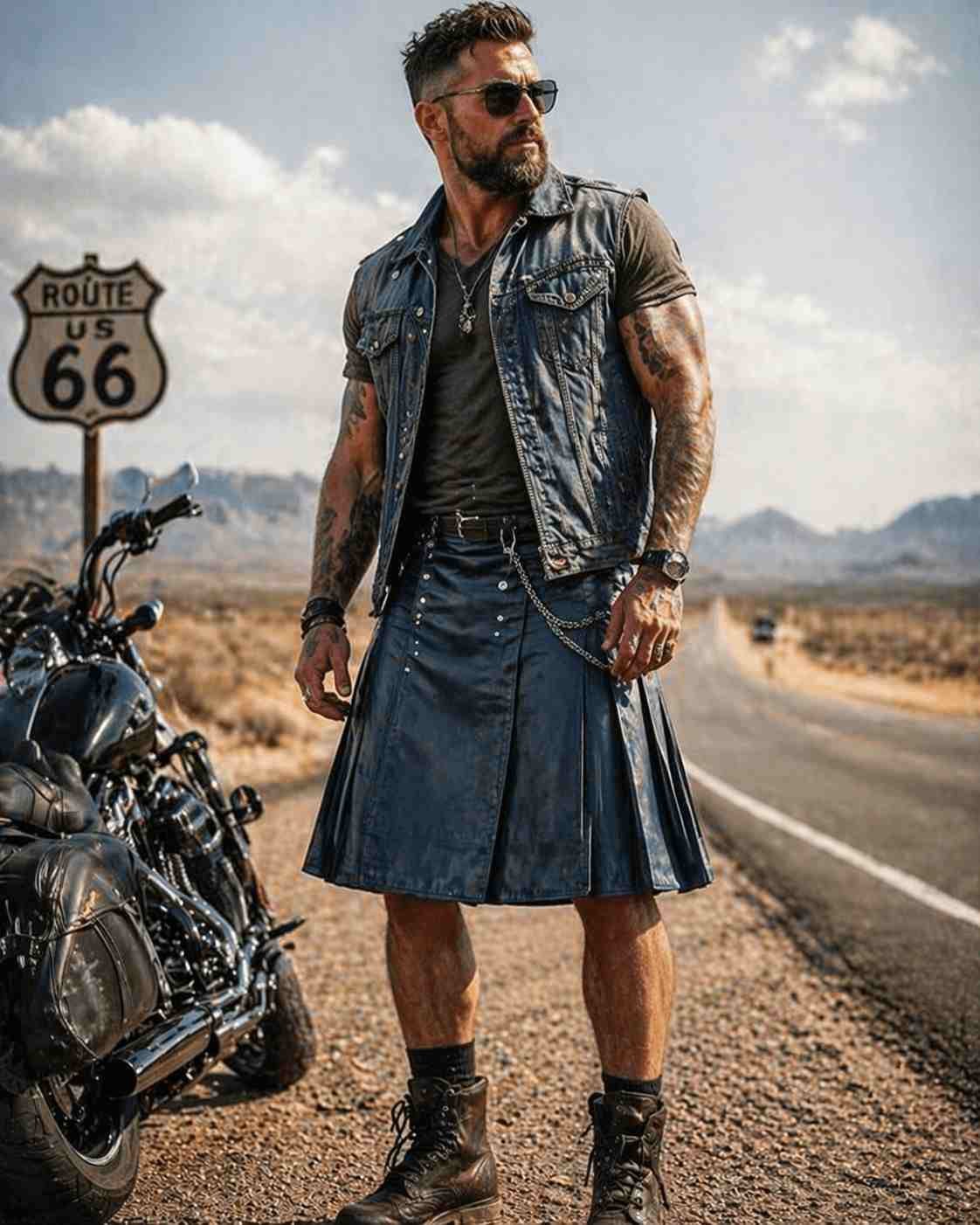 Leather Kilt with Denim Vest (American Road Style)
