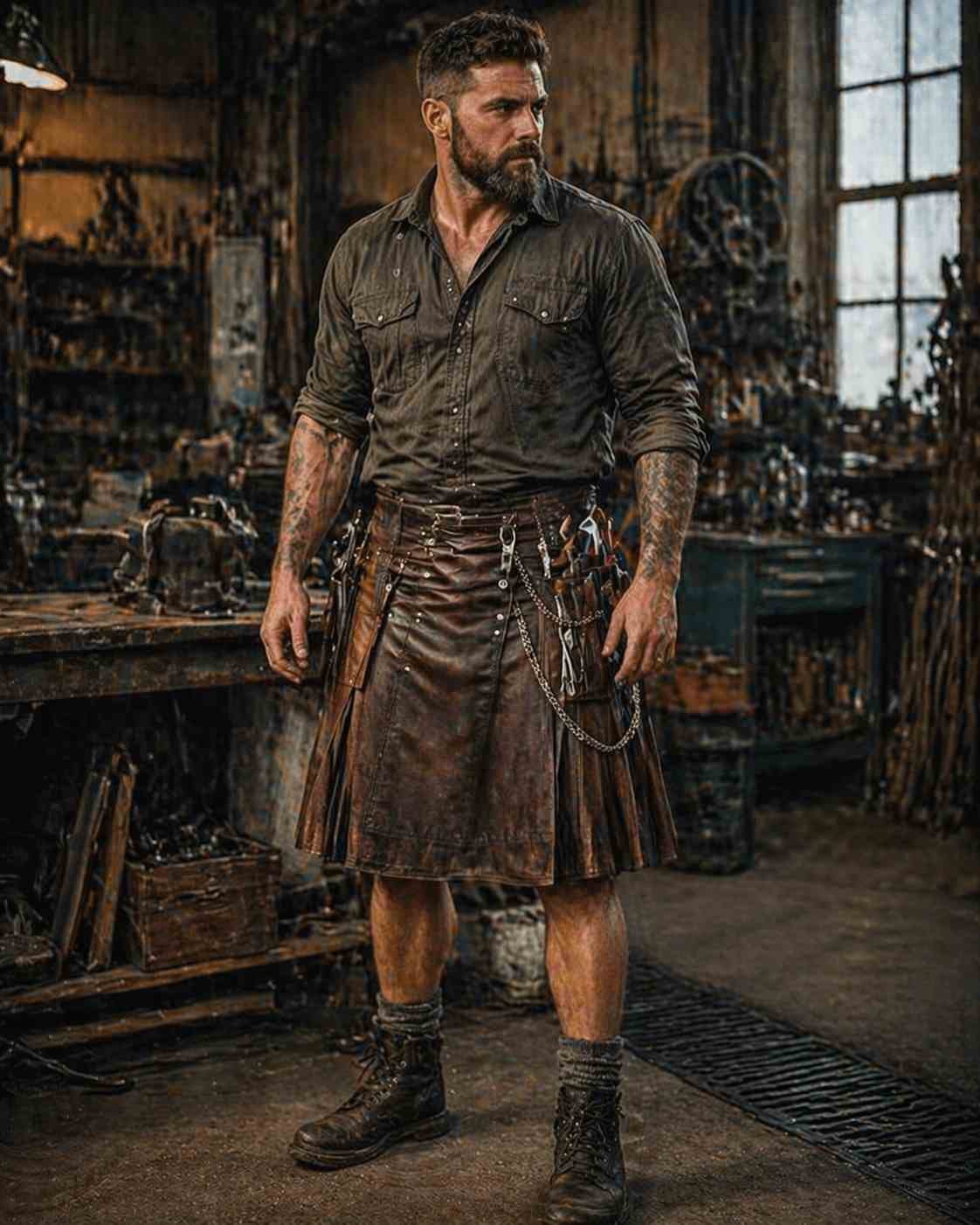 Leather Kilt with Workwear Shirt & Tool Belt (Blue Collar Style)