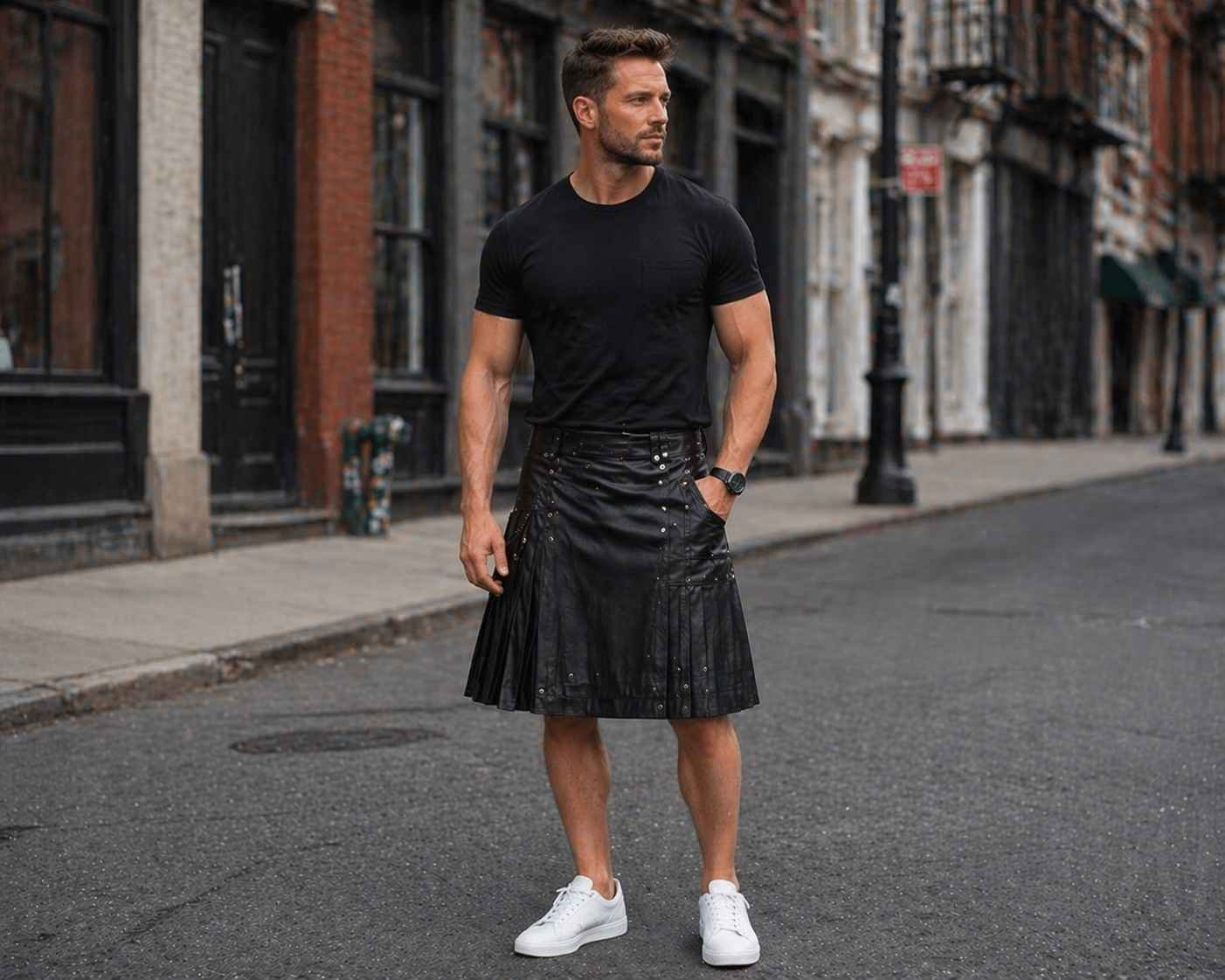 Leather Kilt with Black T-Shirt (Minimal Modern Style)a