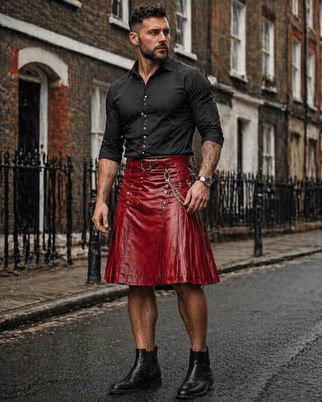 Leather Kilt with Chelsea Boots & Slim Shirt (UK Minimal Look)