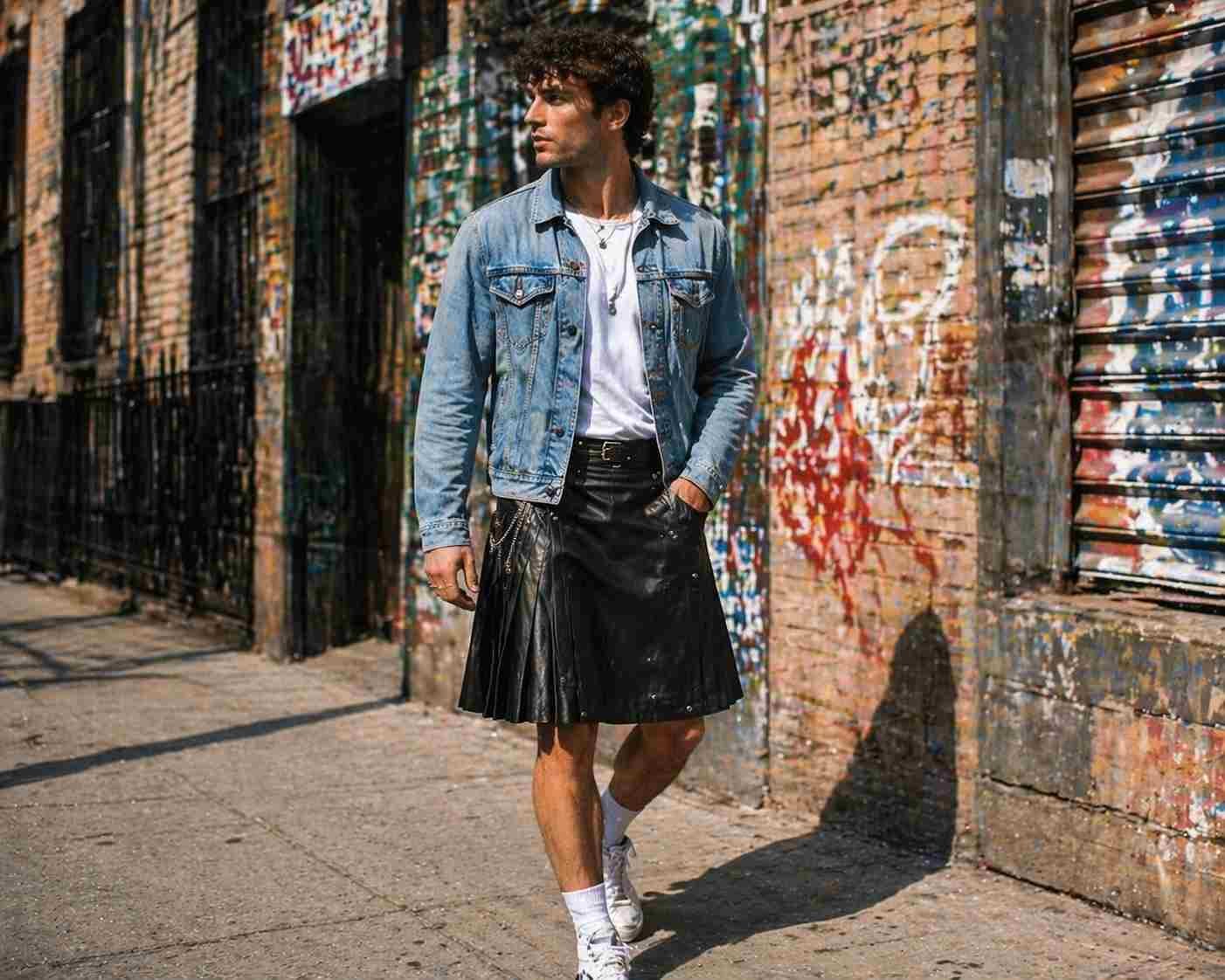 Leather Kilt with Denim Jacket (Casual Layered Style)