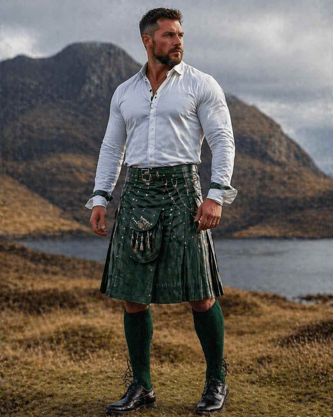 Leather Kilt with Dress Shirt & Kilt Hose (Modern Formal Hybrid)