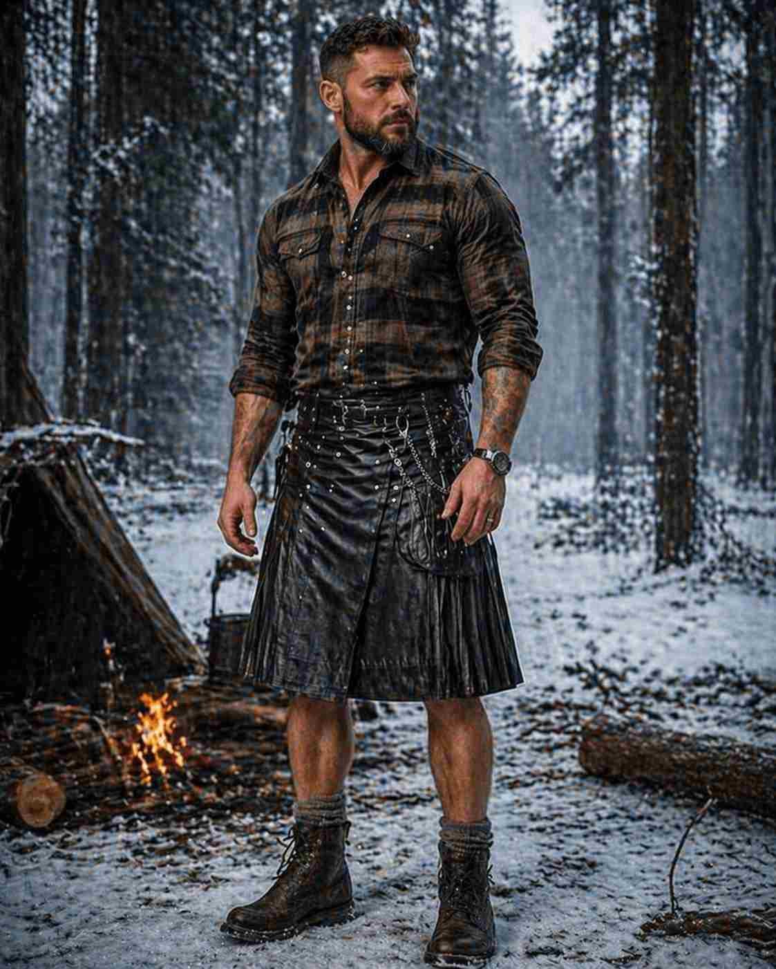 Leather Kilt with Heavy Flannel & Boots (Canadian Lumberjack Style)