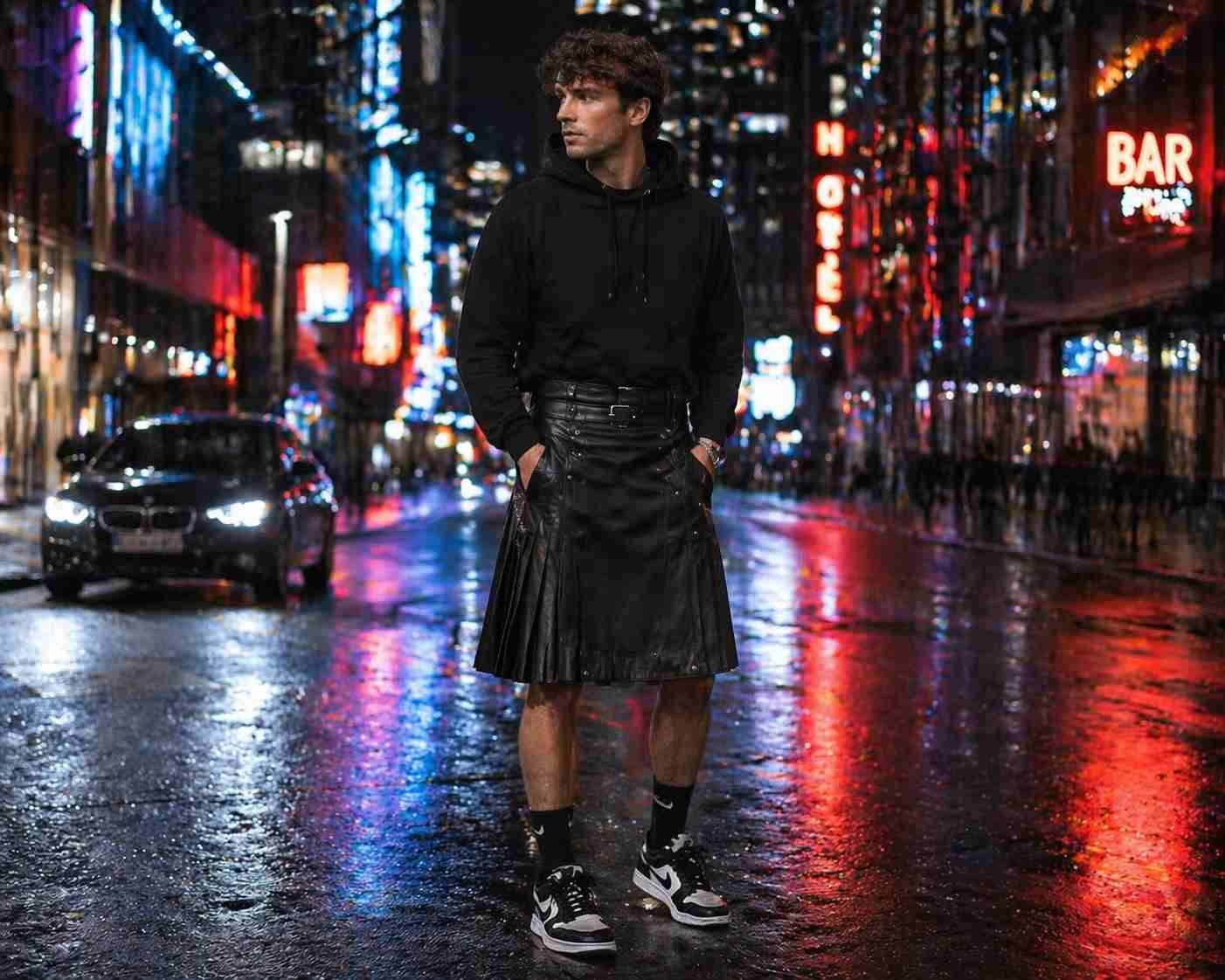 Leather Kilt with Hoodie (Urban Streetwear Style)