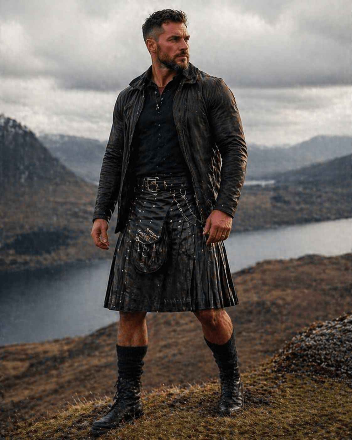 Leather Kilt with Modern Sporran & Boots (Contemporary Highland Style)