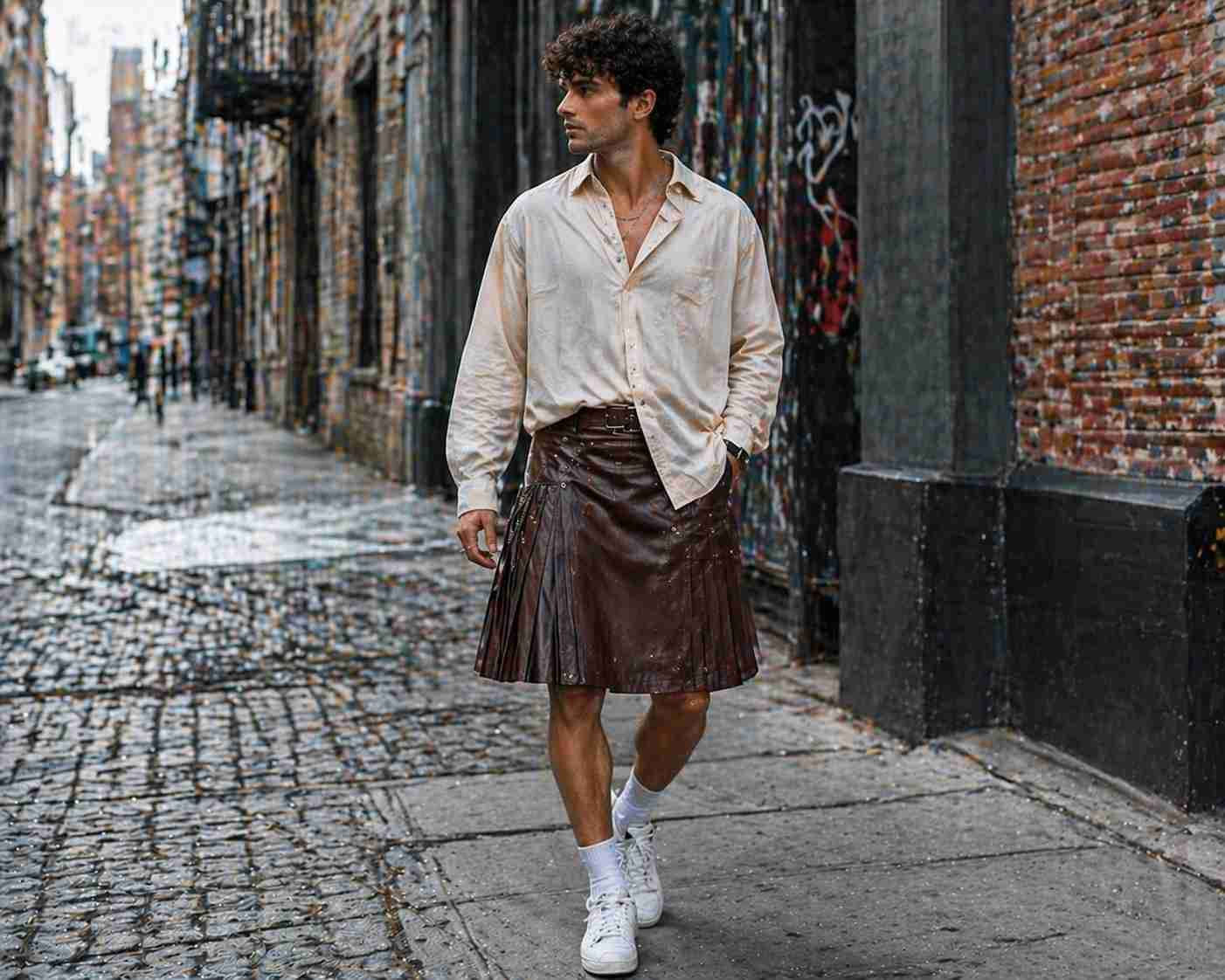 Leather Kilt with Oversized Shirt (Relaxed Street Style)