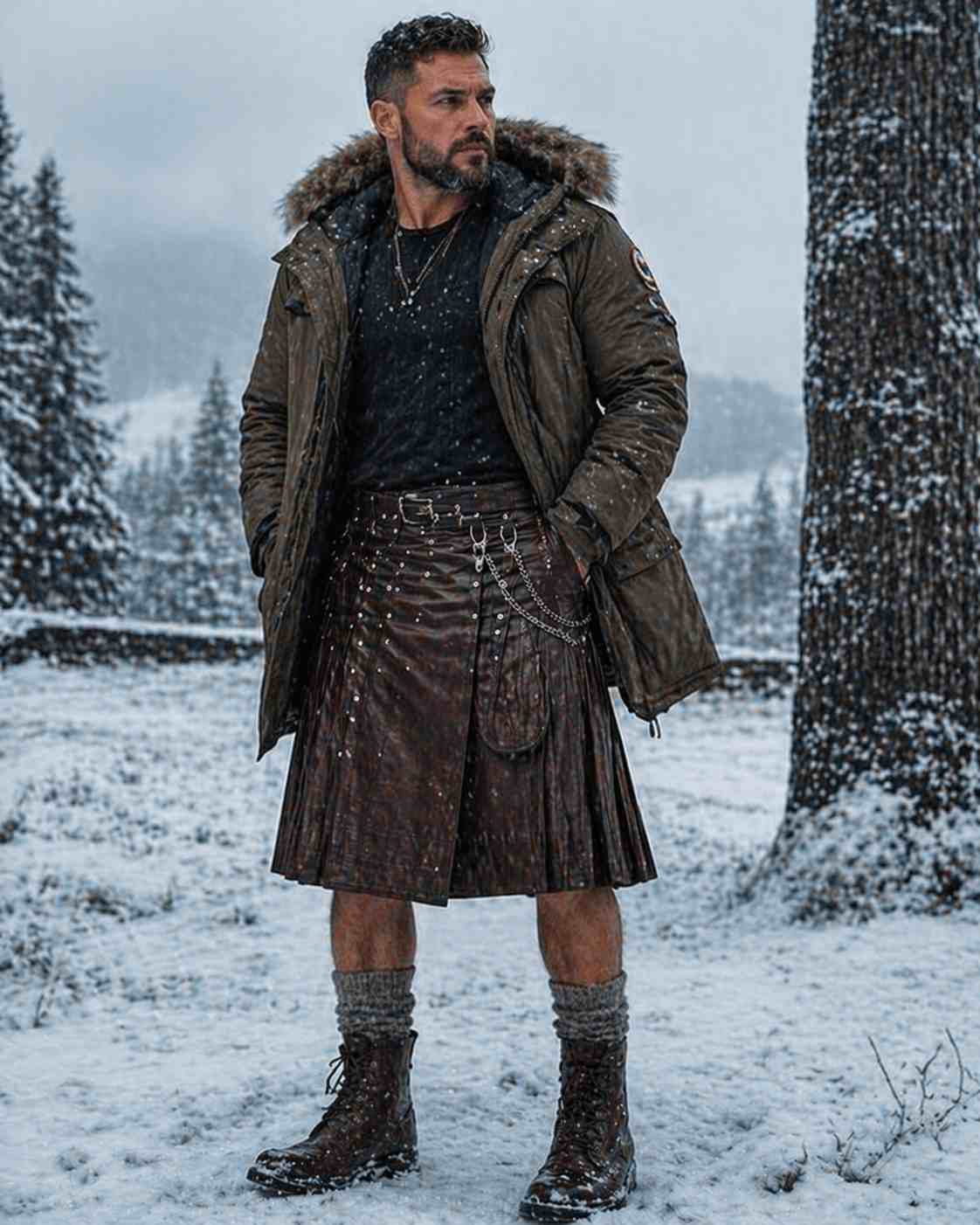 Leather Kilt with Parka Jacket (Cold Weather Outdoor Style)
