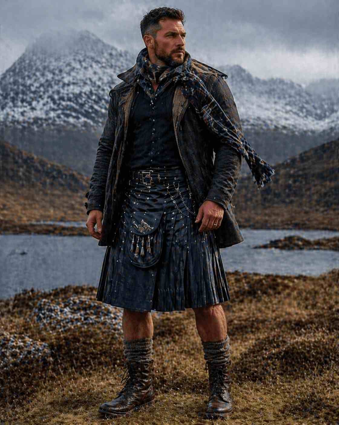 Leather Kilt with Plaid Scarf (Scottish Winter Fusion)