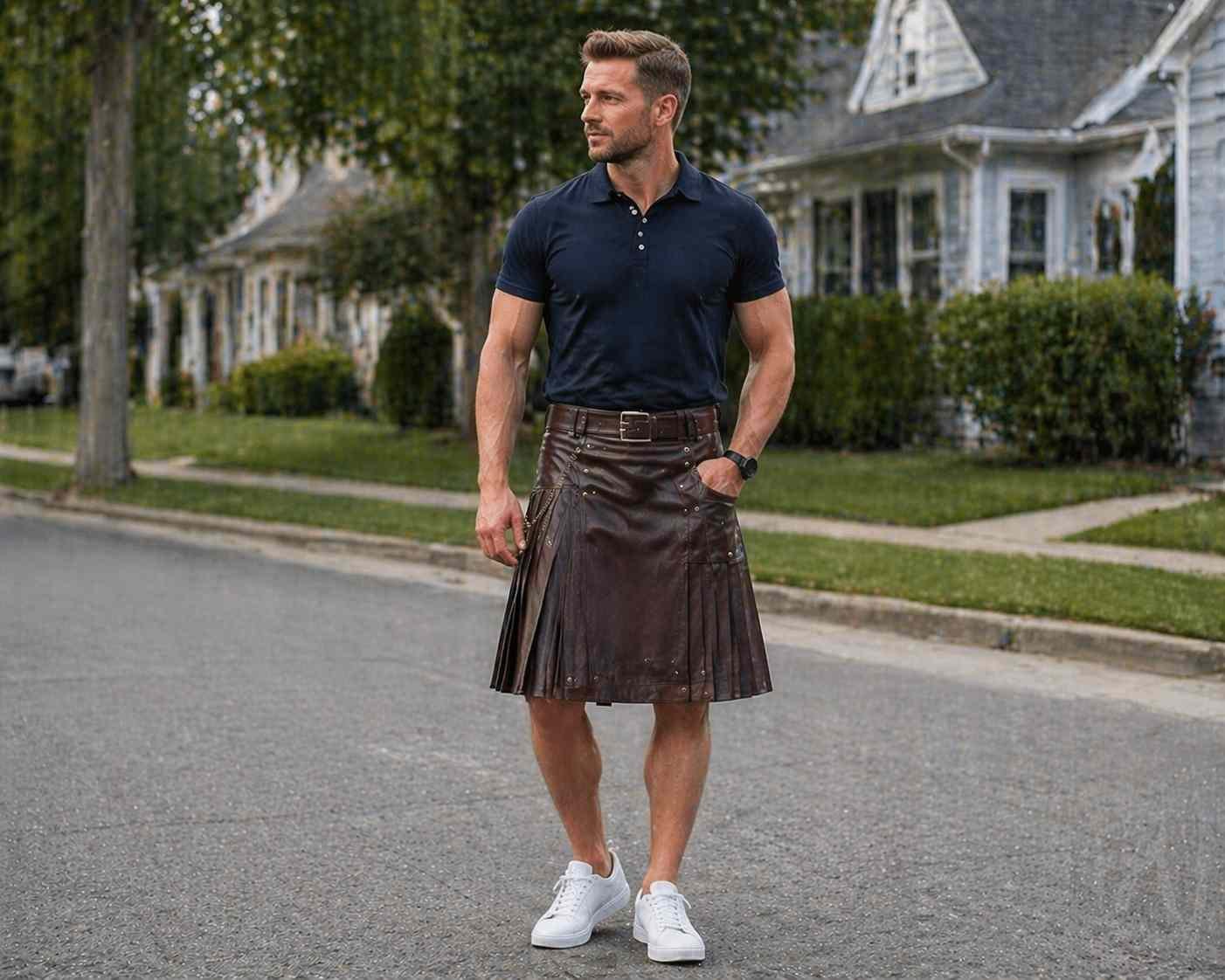 Leather Kilt with Polo Shirt (Clean Casual Style)