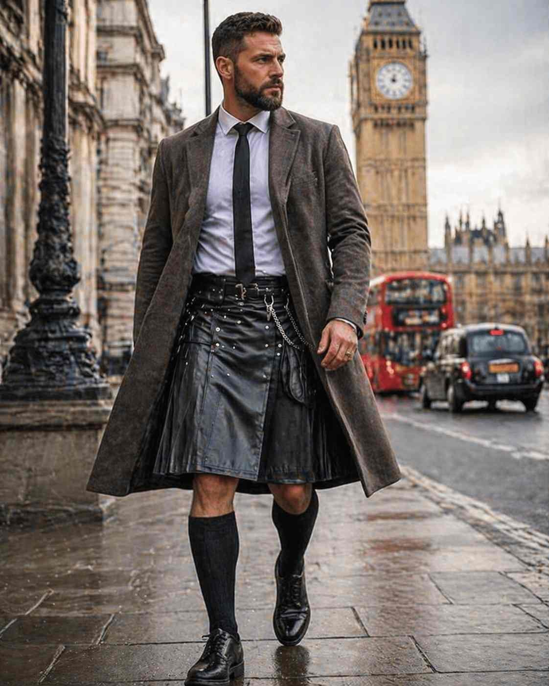 Leather Kilt with Tailored Coat (London Smart Style)