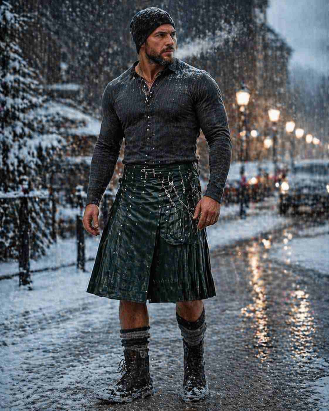 Leather Kilt with Thermal Layer & Beanie (Winter Survival Look)
