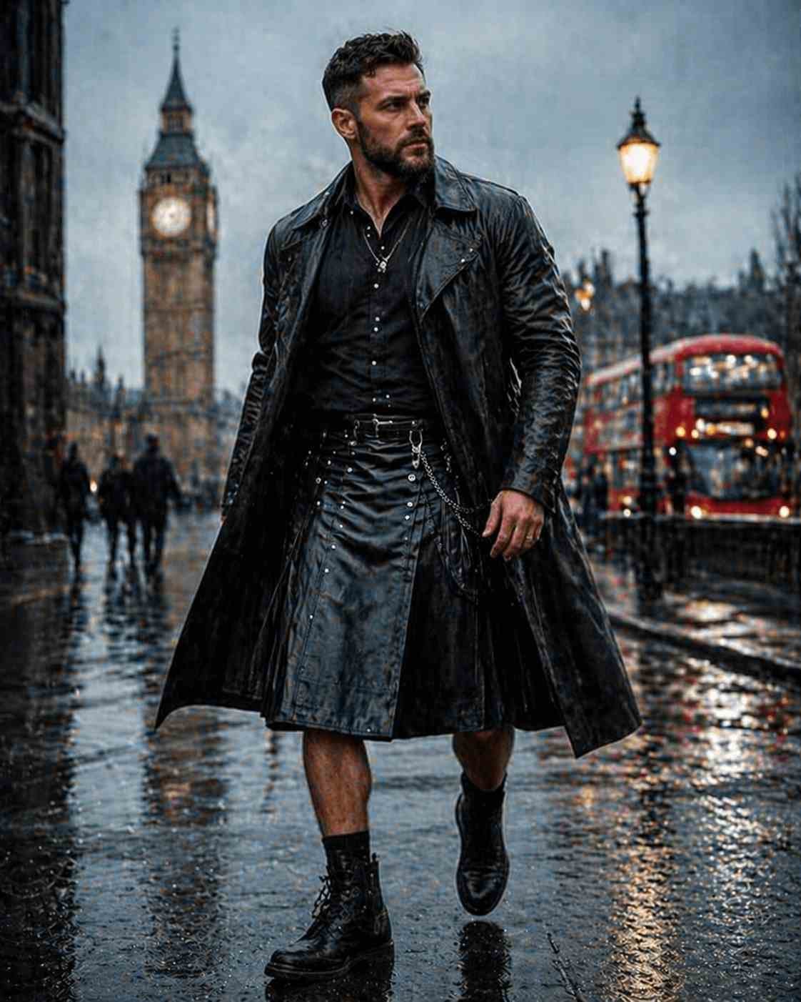 Leather Kilt with Trench Coat (Classic British Style)