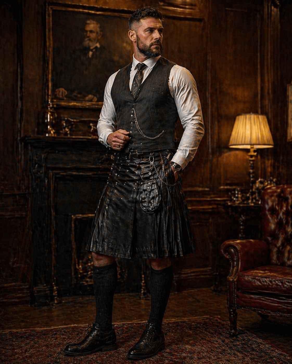 Leather Kilt with Waistcoat & Shirt (Refined Gentleman Style)